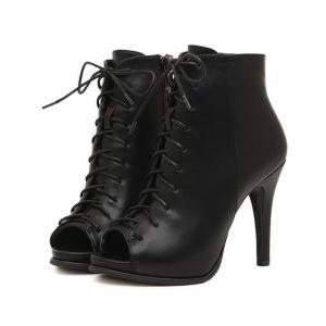 black lace up peep toe heels