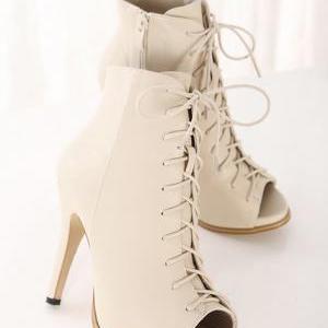 Women Peep Toe Lace-up High Heel Pu Leather Boots..