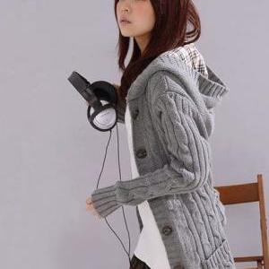 Cute Hooded Grey Sweater Coat With Pockets