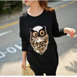Cute Owl Design Black Long Sleeve Top