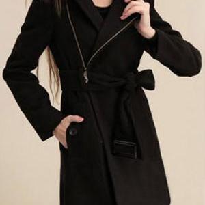 Warm Black Winter Coat With Belt