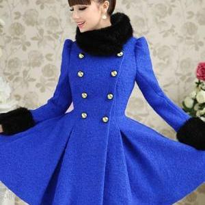 Gorgeous Faux Fur Design Blue Woolen Dress Pattern..