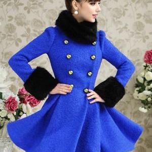 Gorgeous Faux Fur Design Blue Woolen Dress Pattern..