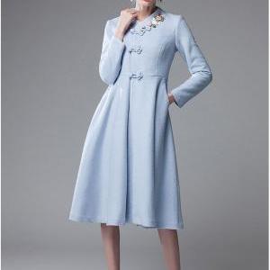 Elegant Vintage Design Light Blue Long Winter Coat on Luulla