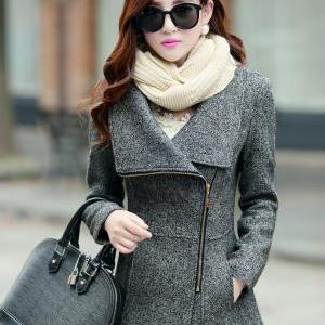 Dark Grey Side Zipper Design Winter Coat