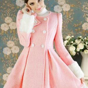 Adorable Pink Double Breasted Winter Coat With Bow
