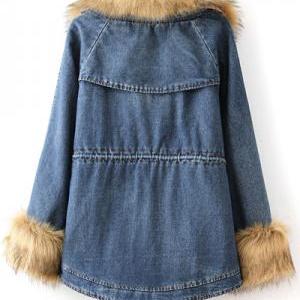 Faux Fur Design Hooded Denim Jacket