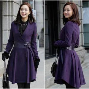 Beautiful V Neck Purple Winter Coat