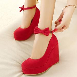 Red Ankle Strap Wedge Shoes With Bow