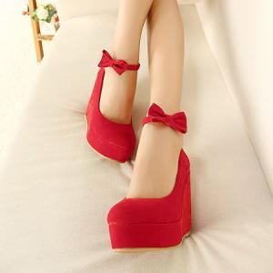 Red Ankle Strap Wedge Shoes With Bow