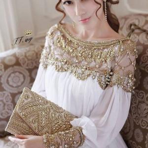 Fabulous Pearl Beaded White And Gold Chiffon Dress