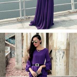 Deep Purple Long Sleeve Chiffon Dress