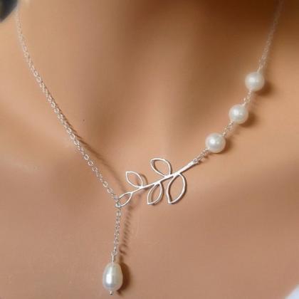 Elegant Pearls And Leaf Charmed Silver Layered..