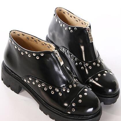 Black Studded Zip Up Front Chunky Heel Shoes