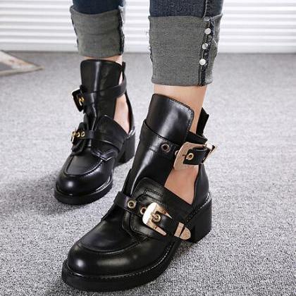 Punk Style Black Buckle Design Chunky Heel Boots