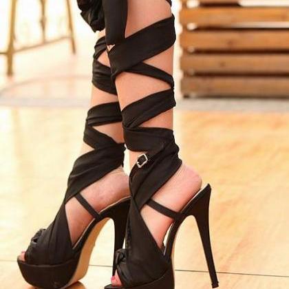 Super Sexy Black Peep Toe Strappy High Heels..