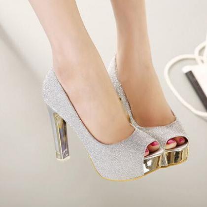 metallic peep toe heels