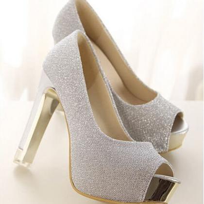 metallic peep toe heels