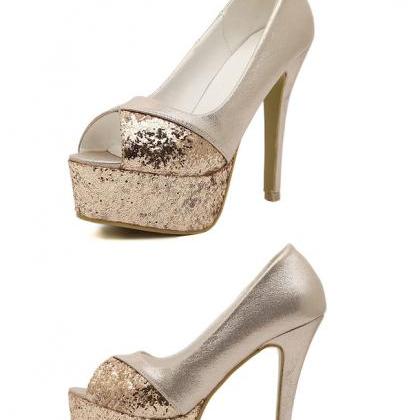 Fabulous Metallic Gold Peep Toe High Heel Fashion..