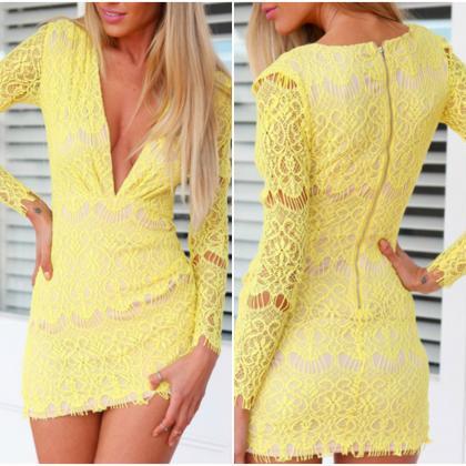 Sexy V Neck Yellow Long Sleeve Lace Dress