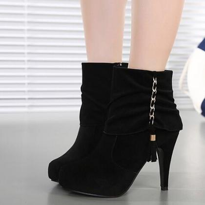 Pure Black Side Zip High Heels Winter Boots on Luulla