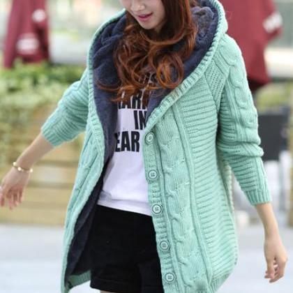 Adorable Knitted Woolen Hooded Sweater Coat