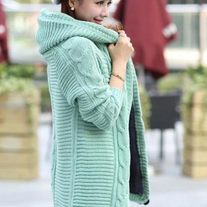 Adorable Knitted Woolen Hooded Sweater Coat