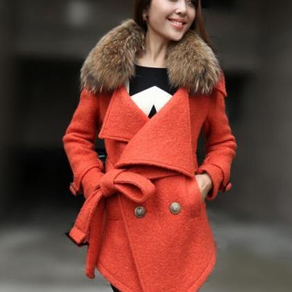 Elegant Faux Fur Design Woolen Winter Coat