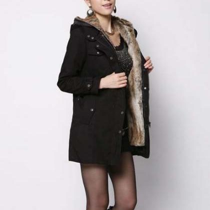 Black Faux Fur Lined Warm Winter Coat