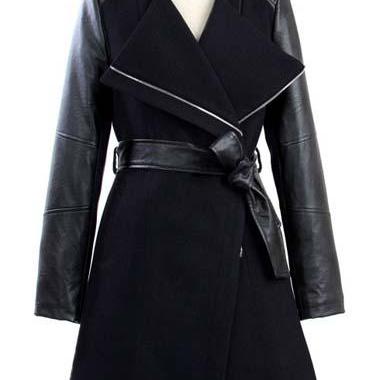 Pu Patch Work Design Winter Coat In Black And Grey