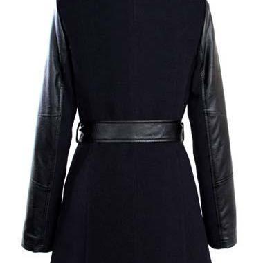 Pu Patch Work Design Winter Coat In Black And Grey