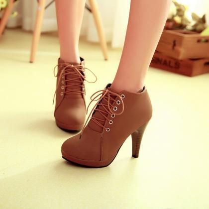 Brown Lace up High Heels Ankle Boot..