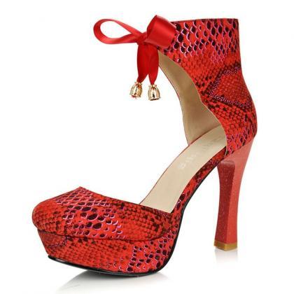 Red High Heels Ankle Strap Fashion Shoes With Bow