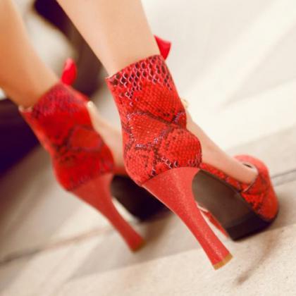 Red High Heels Ankle Strap Fashion Shoes With Bow