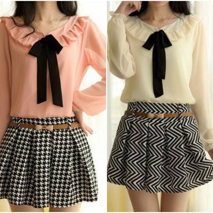 Adorable Ruffled Neckline Chiffon Blouse With Bow