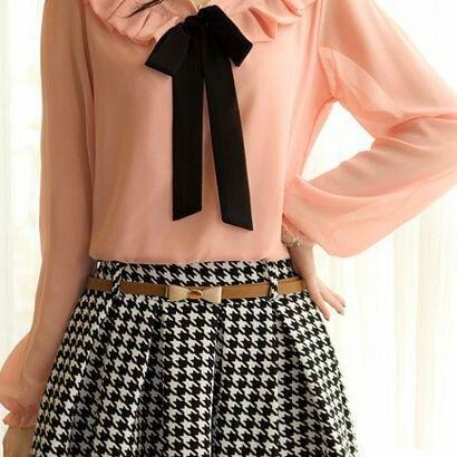 Adorable Ruffled Neckline Chiffon Blouse With Bow
