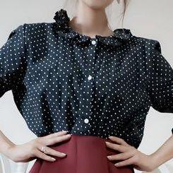 Cute Polka Dots Vintage Style Blouse In Deep Blue