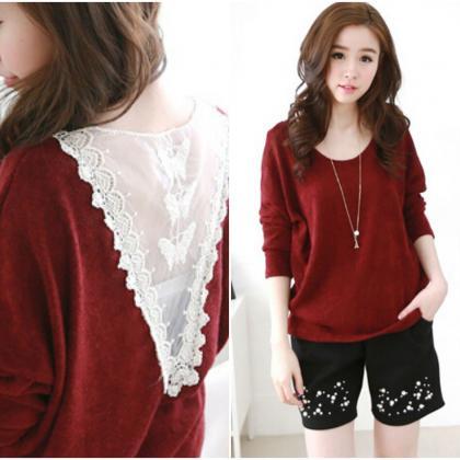 Cute Lace V Back Wine Red Long Sleeve Top
