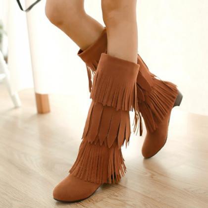 Tiered- Fringe Knee-length Suede Boots