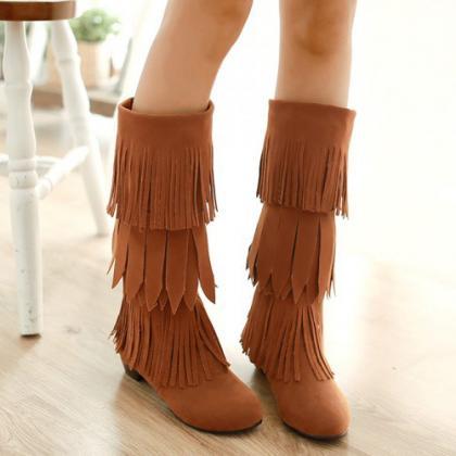 Tiered- Fringe Knee-length Suede Boots