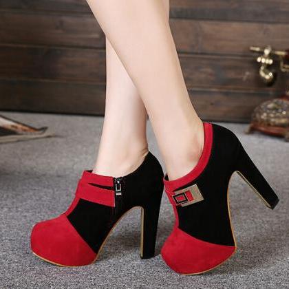 Suede Color Block Side Zipper Round Toe Chunky..