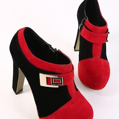 Suede Color Block Side Zipper Round Toe Chunky..