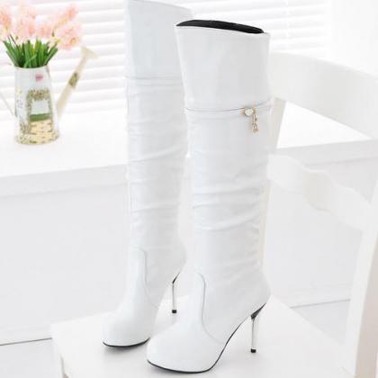 Over The Knee Cavalier White Winter Boots