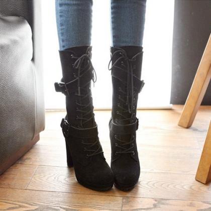 Sexy Buckle Design Black Lace Up High Heels Winter..