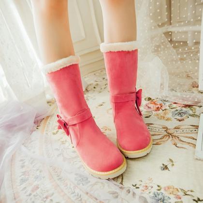 Adorable Pink Bow Embellished Warm Winter Boots