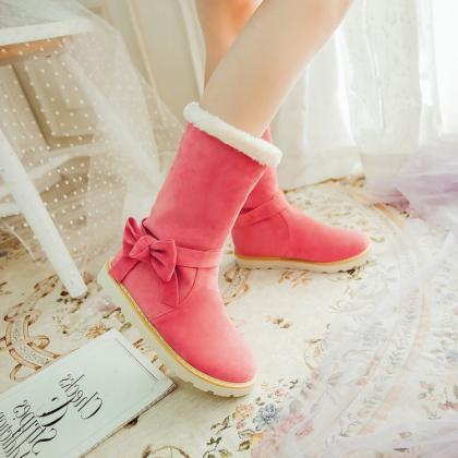 Adorable Pink Bow Embellished Warm Winter Boots