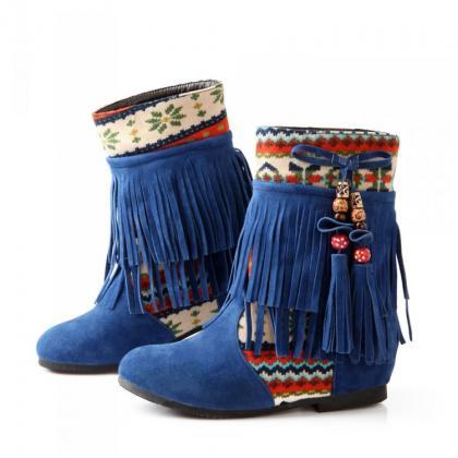 Winter Fashion Round Toe Tassels Design Mid Heel..