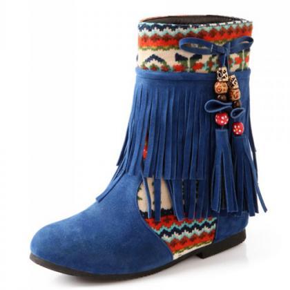 Winter Fashion Round Toe Tassels Design Mid Heel..