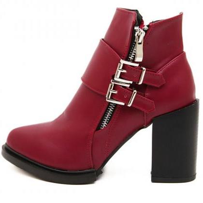 red chunky heel boot
