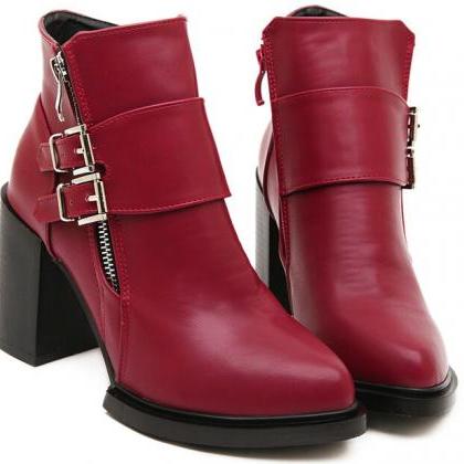 red chunky heel boot